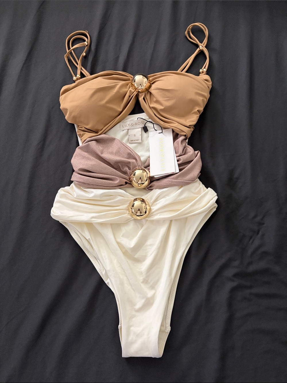 Lily Rose Color-Block One-Piece Swimsuit with Gold Accents - Tan, Mauve, Cream